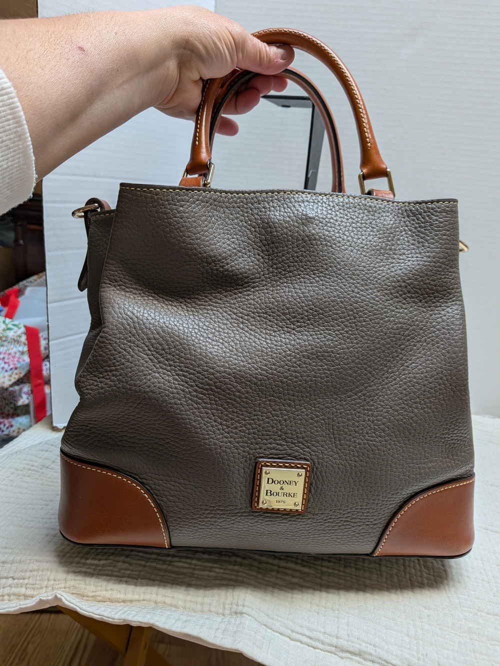 Dooney & Bourke Gray Pebbled Leather Satchel with Tan Trim